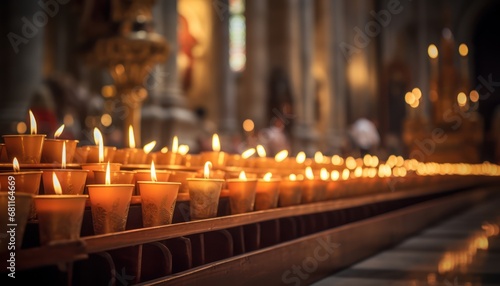 Rows of Lit Candles Creating a Serene Ambiance Inside a Beautiful Church © Anna