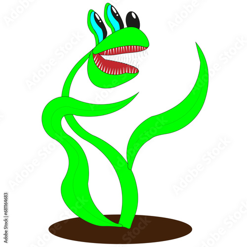 Сfrnivorous flower. A predatory plant, a flower that slams its prey in its mouth. Drawn in a cartoonish and flat manner.