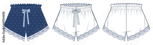 Lace Trim Shorts technical fashion illustration, polka-dot design. Short Pants fashion technical drawing template, drawstring waist,  front, back view, white, blue, women Sleepwear CAD mockup set.
