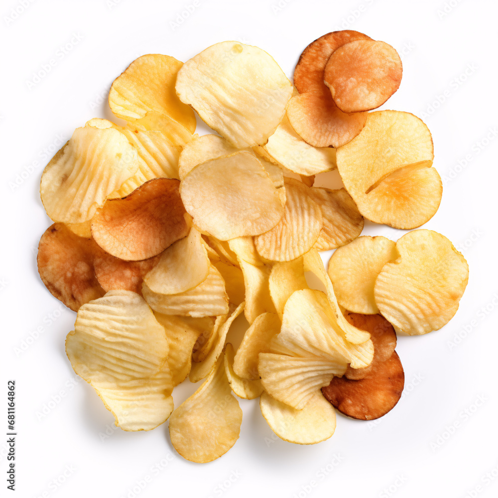 A mound of dissimilar salted crisps isolated on a white surface, seen from above. A mound of dissimilar salted crisps isolated on a white surface, seen from above.