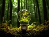 a beautiful forest inside a light bulb on moss. Green energy concept. copy space available Illustration Generative AI