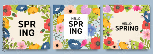 Set of trendy minimal spring posters with bright beautiful flowers and modern typography. Spring background, cover, sale banner, flyer design. Template for advertising, web, social media. © Oksana Kalashnykova