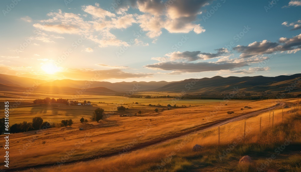 A Serene Sunset Casting Golden Hues on a Mountainous Field