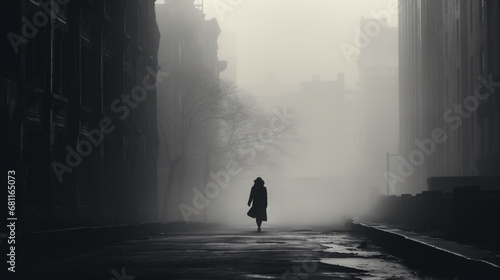 A murky monochrome shot of one person gliding through a misty metropolis, sparking a sense of secrecy and loneliness.