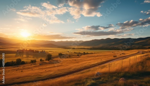 A Serene Sunset Casting Golden Hues on a Mountainous Field