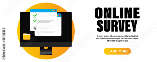 Illustration of an online survey on a modern computer screen. take the survey, list of online forms on the computer. report on the esp10 website