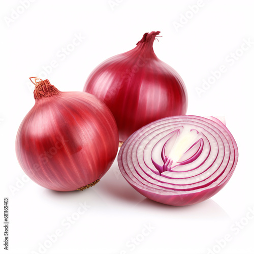 An isolated red onion, both sliced and whole, on a white background.
