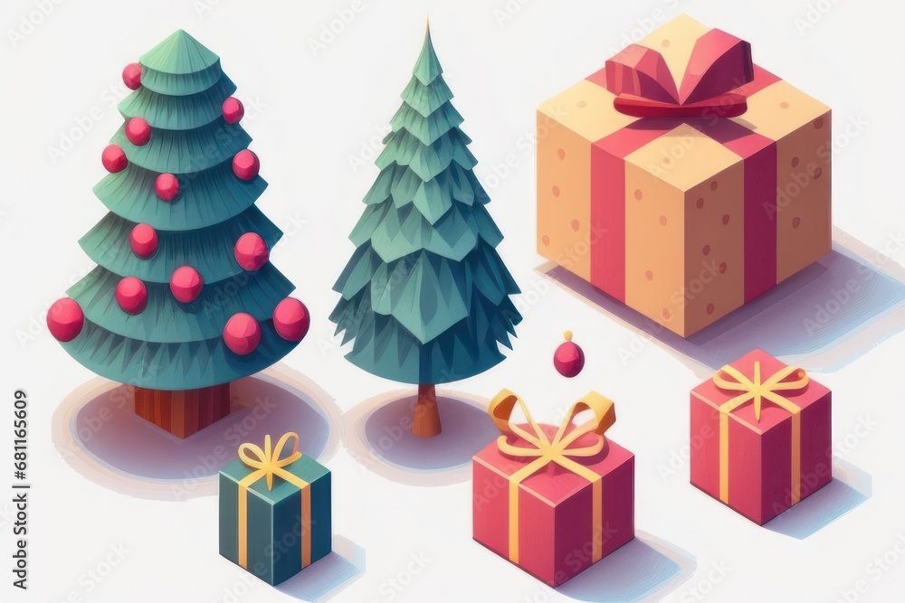 Fototapeta premium Isometric Christmas tree and gift boxes. 3d vector illustration.
