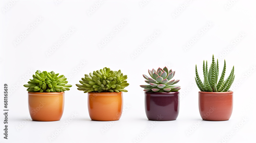 A front view of isolated potted succulents or cacti on a white background.