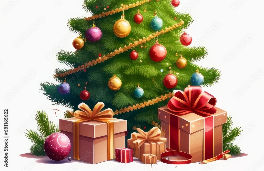 Christmas tree with gifts and balls. Vector 3d isometric illustration. Christmas tree with gifts and balls. Vector 3d isometric illustration.