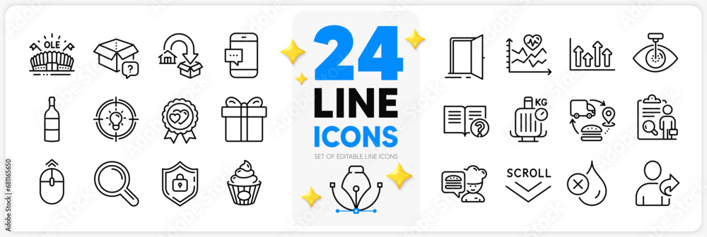 Icons set of Cake, Gift box and No waterproof line icons pack for app with Supply chain, Open door, Refer friend thin outline icon. Moving service, Inspect, Research pictogram. Help. Vector Icons set of Cake, Gift box and No waterproof line icons pack for app with Supply chain, Open door, Refer friend thin outline icon. Moving service, Inspect, Research pictogram. Help. Vector