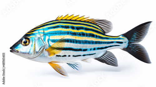 An isolated school of Caesio Striata (Striated Fusilier) swimming in the ocean, with their striking blue and white stripes.