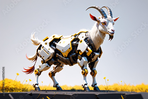 Image of a goat modified into a robot on a white background. robotic mecha goat photo