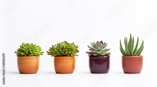 A front view of isolated potted succulents or cacti on a white background.