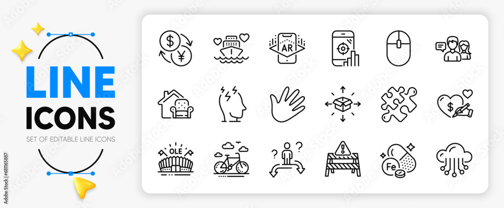 Social care, Parcel delivery and Cloud storage line icons set for app include Computer mouse, Bike rental, Iron outline thin icon. Currency exchange, Furniture moving. Vector