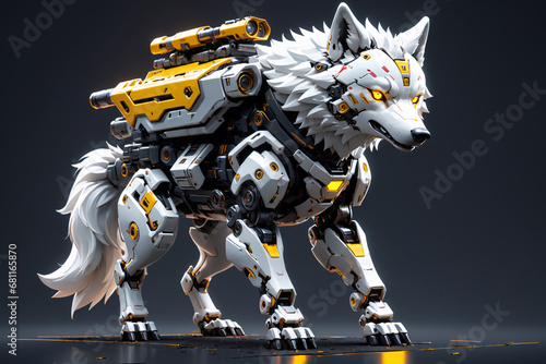 robot wolf as mechanical cyber animal, robotic lion with robot body, and wolf head, in white color cyberpunk vibes, complex mechanical cyborg body