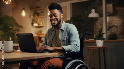 Smiling man in a wheelchair works on laptop in his home office. photo