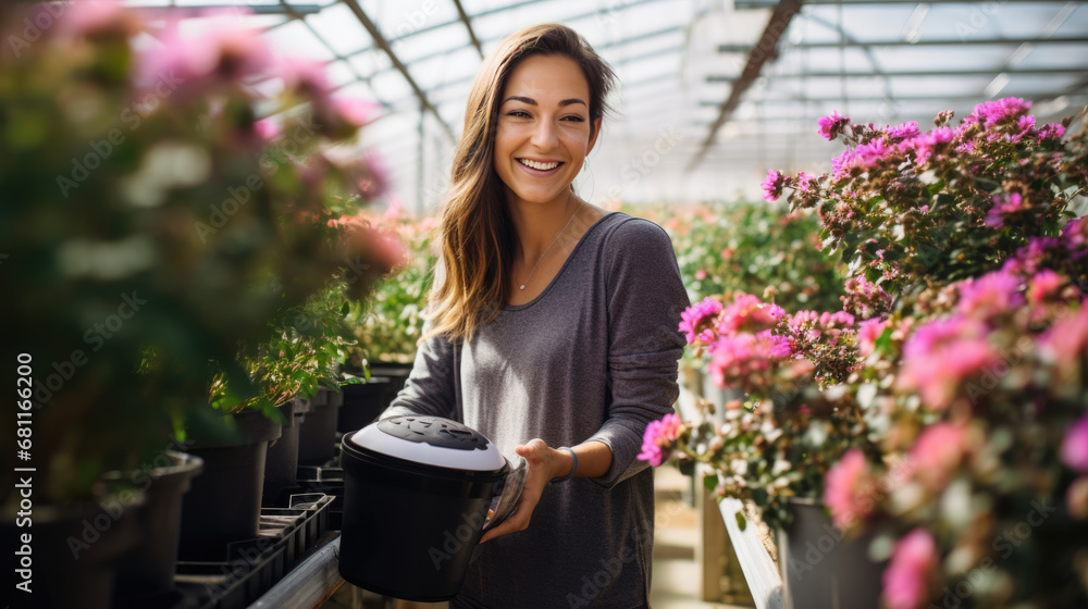 Happy female gardener in an apron is tending to colorful flowers in a greenhouse environment.