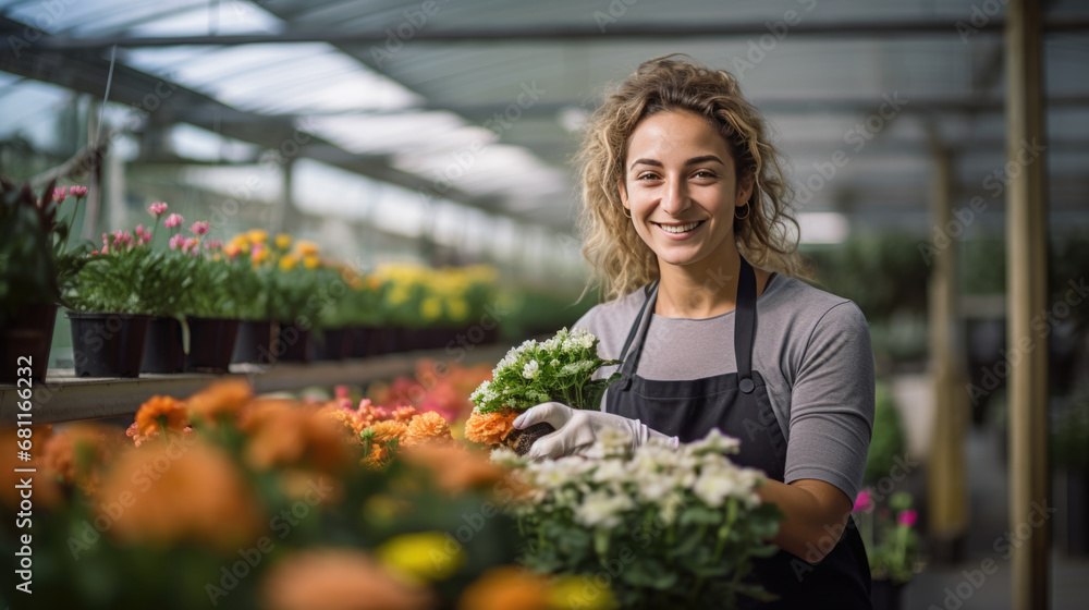 Happy female gardener in an apron is tending to colorful flowers in a greenhouse environment. Happy female gardener in an apron is tending to colorful flowers in a greenhouse environment.