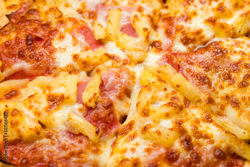 Close up of the grill pizza with ham and cheese