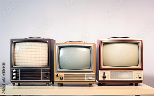 Group of three old fashioned tube analogue tv set with empty display stands on wooden desk indoor