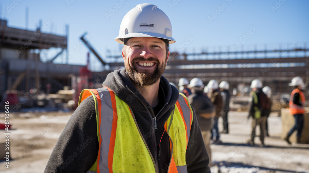 Smiling construction worker, wearing a hard hat,and a reflective vest, stands confidently at a construction site. Smiling construction worker, wearing a hard hat,and a reflective vest, stands confidently at a construction site.