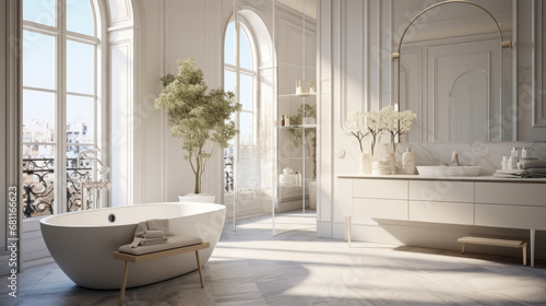 a chic bathroom with white walls and a tiled floor and a large window