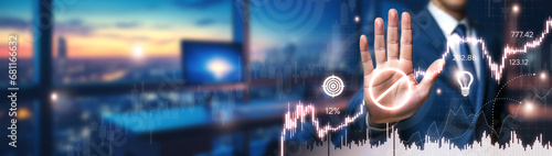 Trading halt on stock market. Businessman shows stop sign against abstract financial background with investment graphics and icons. Concept interrupted trading, stock analysis and financial planning