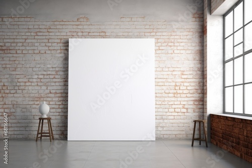 Blank canvas with brick wall in blank white room. Generative AI