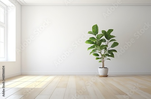 Empty white room with a wooden floor and a plant on the floor. Generative AI