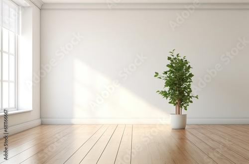 Empty white room with a wooden floor and a plant on the floor. Generative AI