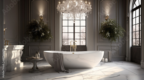 A chic bathroom with marble floors and a freestanding tub is illuminated by a modern chandelier