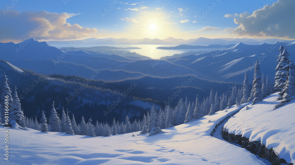 Tranquil Winter Landscape with Snowy Mountains and Pine Trees Tranquil Winter Landscape with Snowy Mountains and Pine Trees