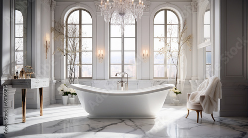 A chic bathroom with marble floors and a freestanding tub is illuminated by a modern chandelier