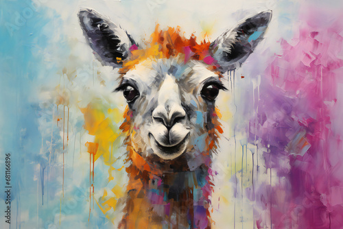 pink alpaca with pink flower. pink fluffy lama blowing bubblegum, colorful paintings, cartoon, wallpaper photo