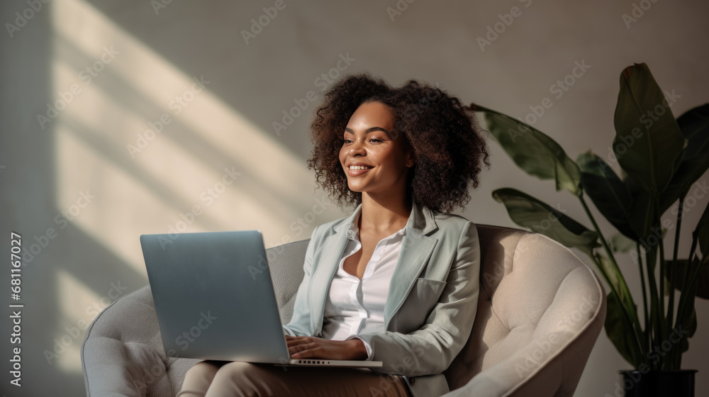 Close up portrait of young beautiful woman smiling while working with laptop in office. Close up portrait of young beautiful woman smiling while working with laptop in office.