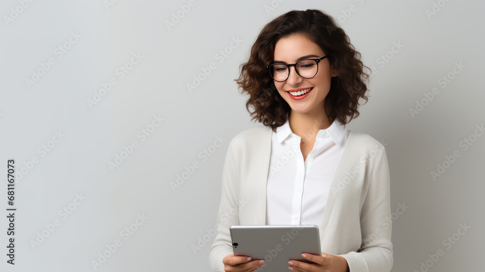 Young smiling woman holding a tablet and standing on a gray background