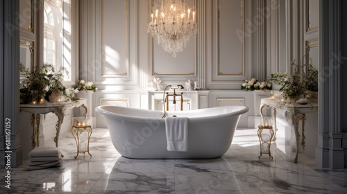 Obraz na płótnie A chic bathroom with marble floors and a freestanding tub and illuminated by a c
