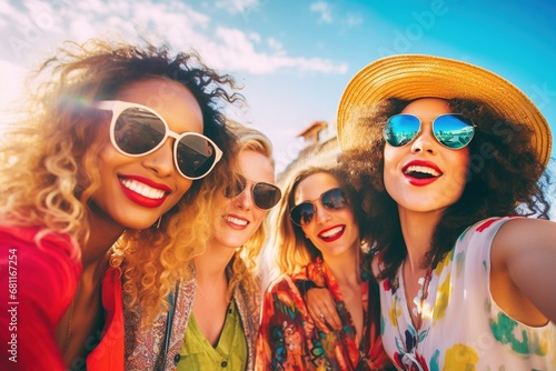 A vibrant scene unfolds outdoors as a diverse group of friends enjoys leisure time, capturing the essence of multicultural unity and shared happiness through the lens of a selfie