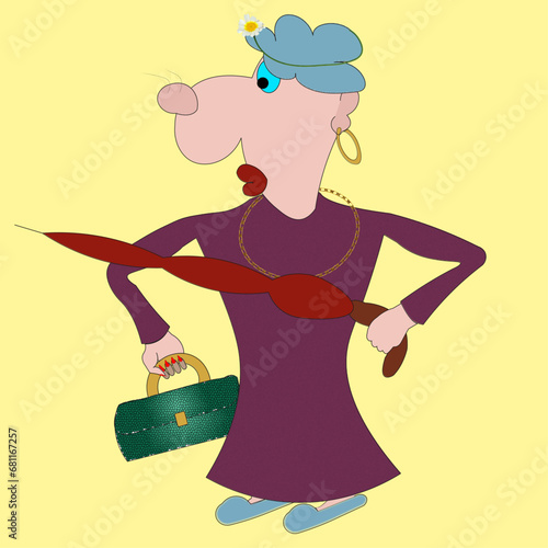 A woman in a dress, a cartoon character, stands with an umbrella in her hand, holding a fashionable handbag. there is a hairstyle on the head, earrings on the ears, a gold chain on the neck.