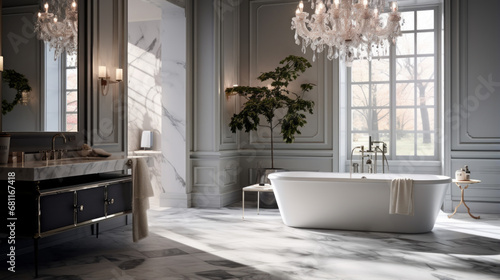 A chic bathroom with marble floors and a freestanding tub