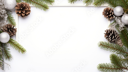 christmas frame with fir branches and cones