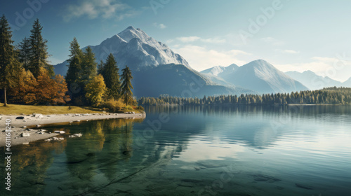  calm lake surrounded by trees and mountains