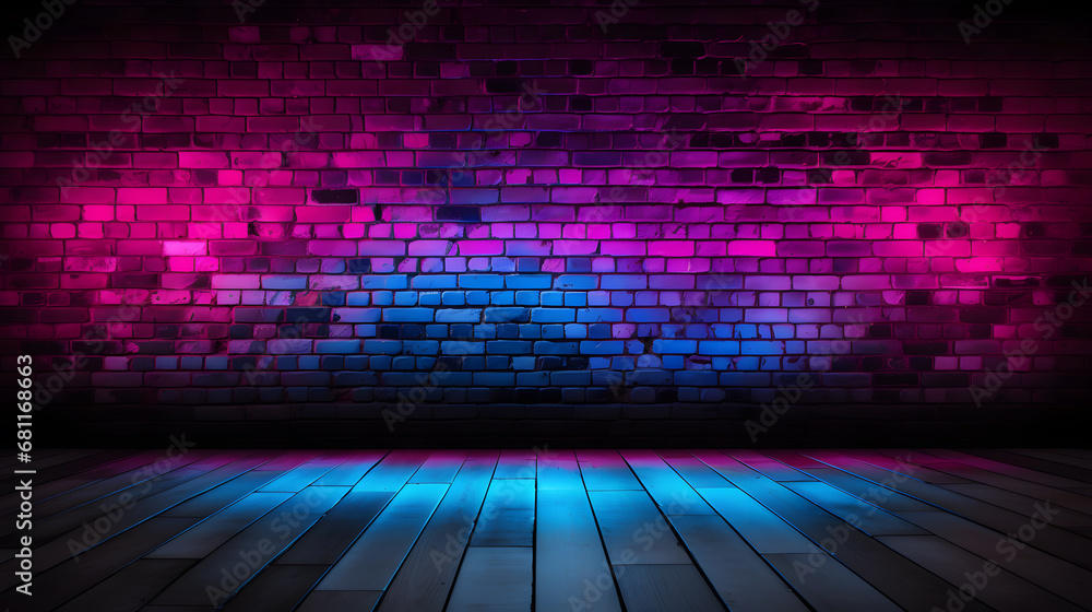 Background of a black brick wall with neon lights ranging from pink to blue. Suitable for product demonstration - obrazy, fototapety, plakaty 