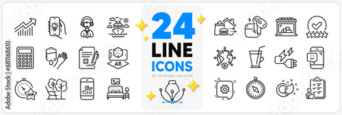 Icons set of Paint brush, Reject file and Market line icons pack for app with Rating stars, Cogwheel, Furniture thin outline icon. Smartphone statistics, Shipping support. Design with 3d stars. Vector