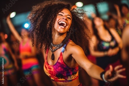 close up of smiling women with coach dancing zumba in gym or studio. fitness, sport, dance and lifestyle concept