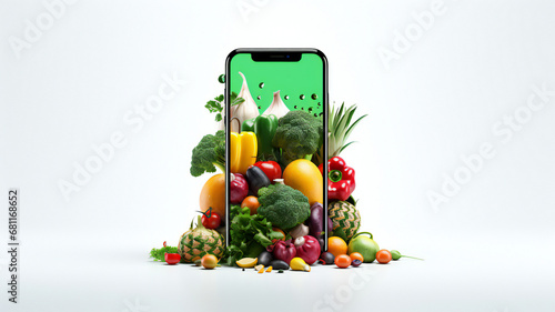 smartphone, tablet pc with picture of fruits.Hand holding a bag full of groceries, vegetables. Online grocery shopping app on smartphone, mobile phone. Copy space, white background. Business
