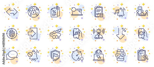 Outline set of Internet, Phone survey and Fingerprint line icons for web app. Include Sync, Accounting checklist, Dots message pictogram icons. Mute sound, Login, Co2 signs. Shield. Vector