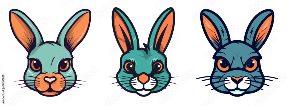 Set of rabbit faces. Cartoon image of a rabbit face in flat design.