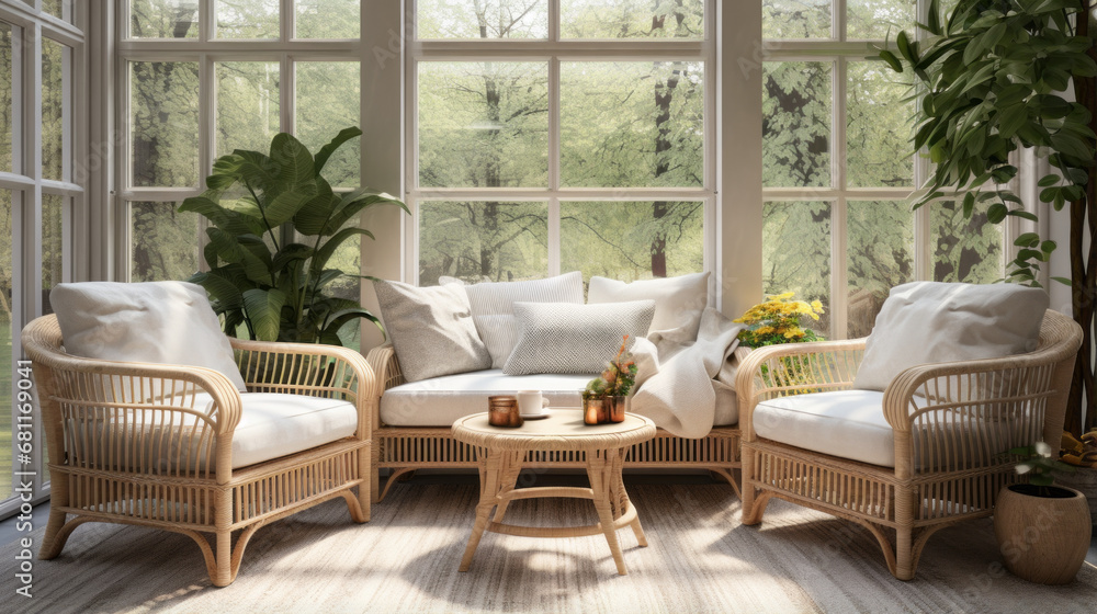a bright sunroom with large windows and wicker furniture a bright sunroom with large windows and wicker furniture